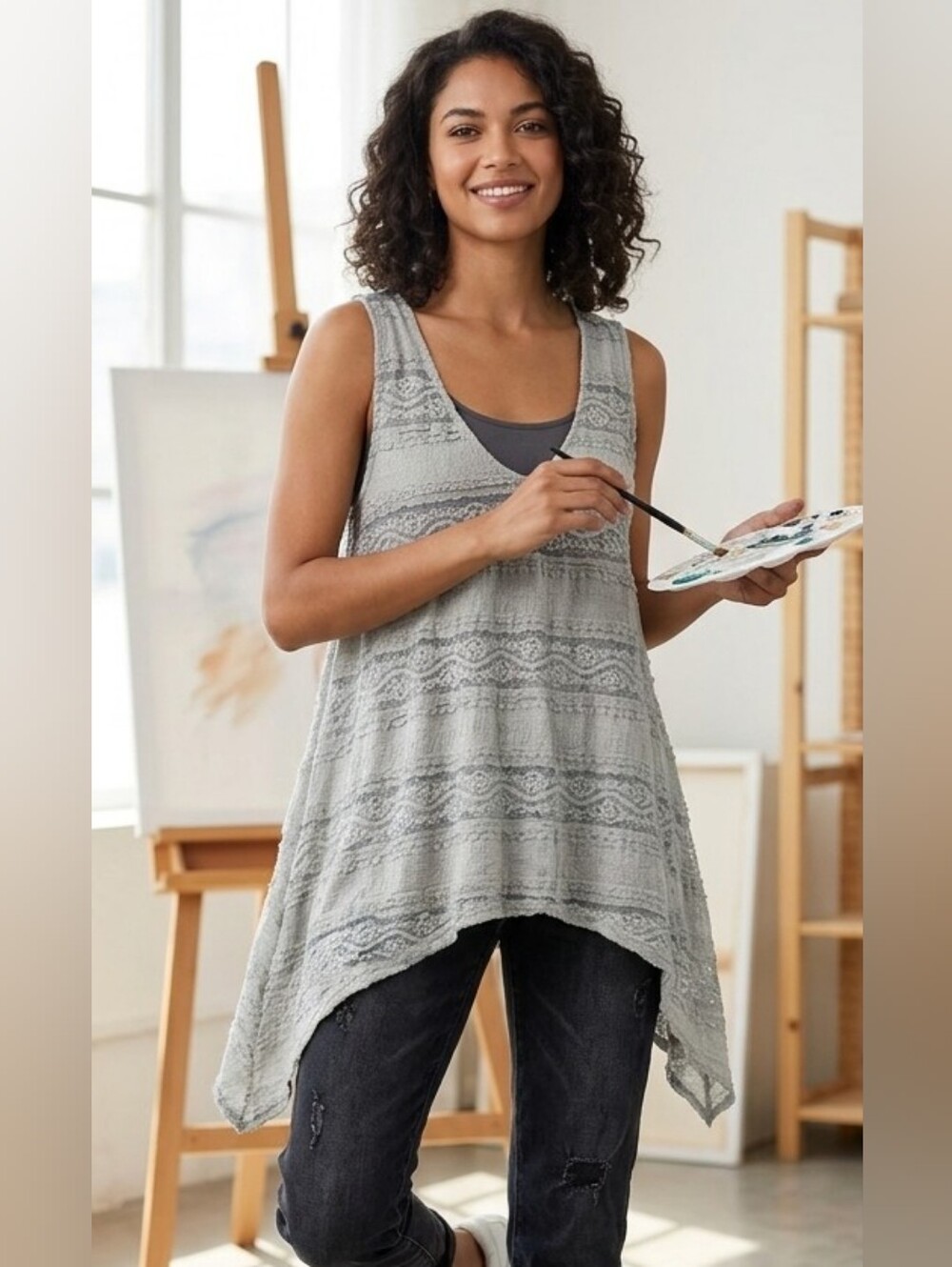 Origami By Vivien Gray Lace Sharkbite Tank Top Size S High Low Sleeveless EUC